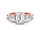 Rose gold Three-Stone Emerald Cut Moissanite Ring with Pear  Side Stones in Four-Prong Setting_36