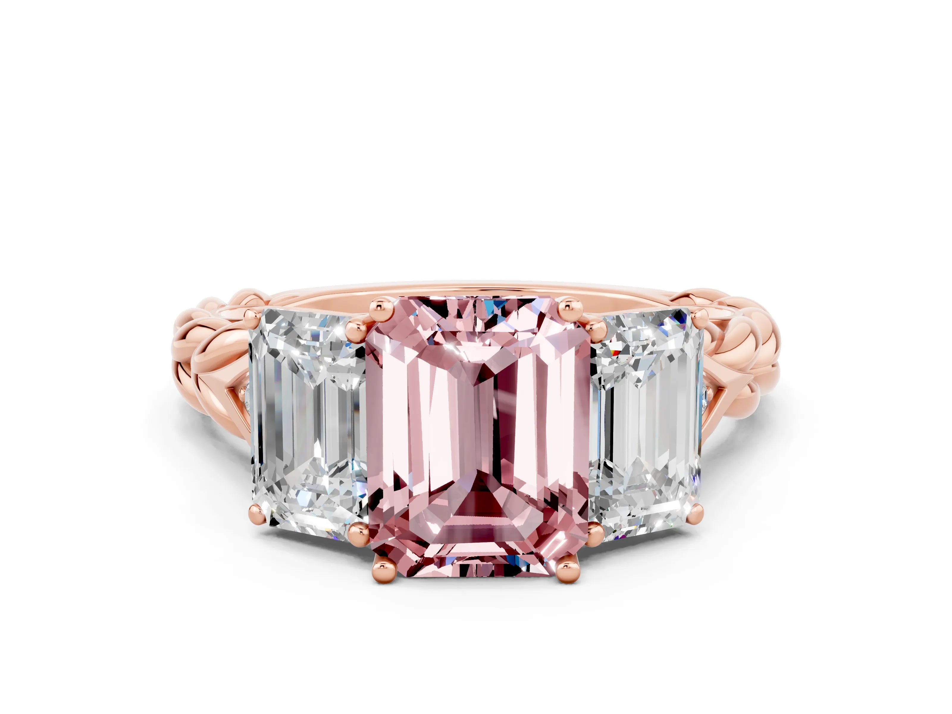 Rose gold Three-Stone Emerald Cut Morganite Braided Band Ring with Four-Prong Setting_36