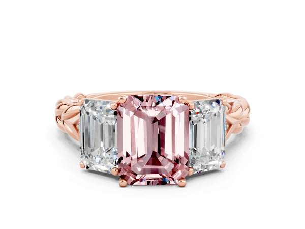 Rose gold Three-Stone Emerald Cut Morganite Braided Band Ring with Four-Prong Setting