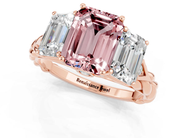 Rose gold Three-Stone Emerald Cut Morganite Braided Band Ring with Four-Prong Setting