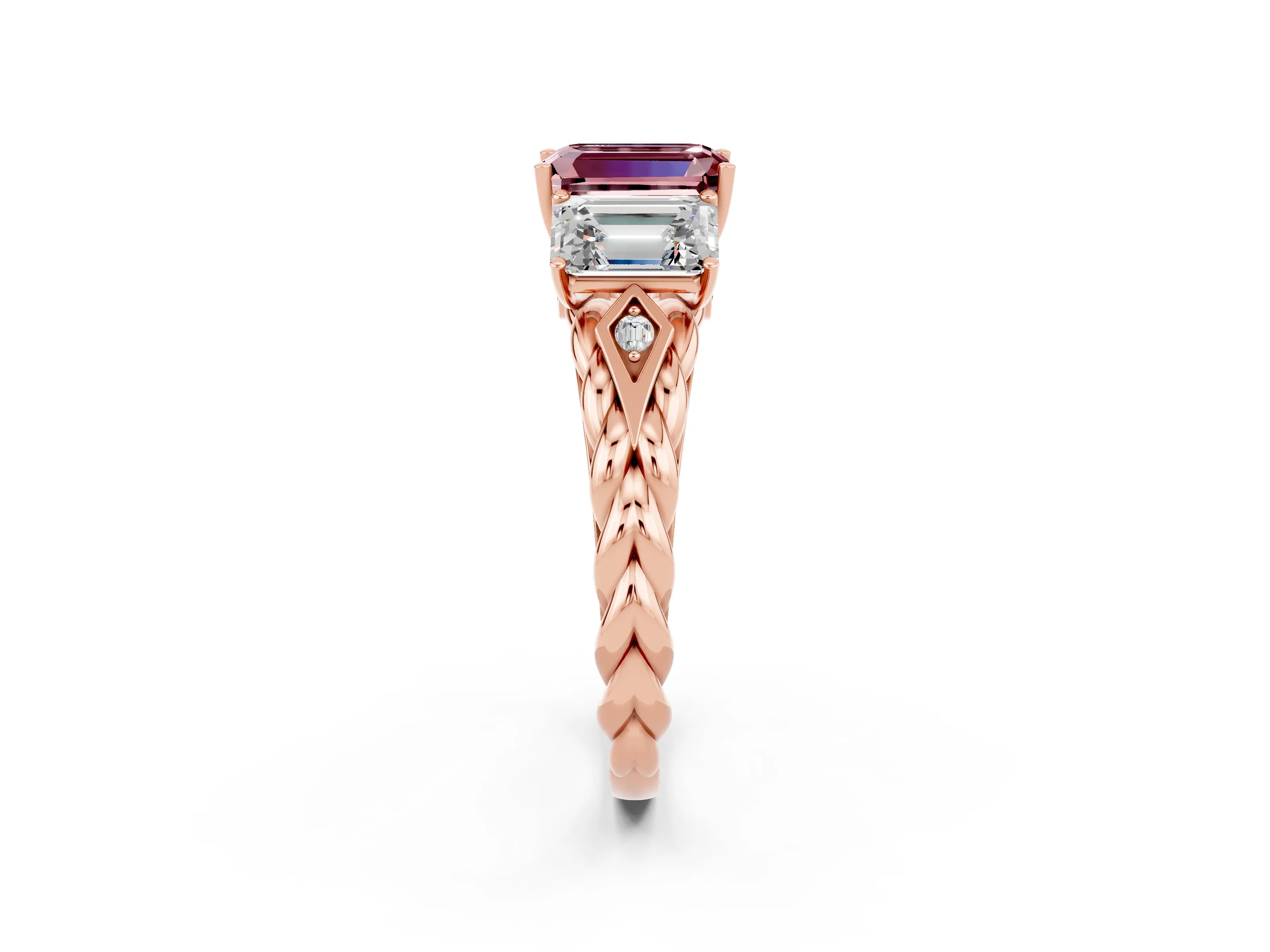 Rose gold Three-Stone Emerald Cut Morganite Braided Band Ring with Four-Prong Setting_38