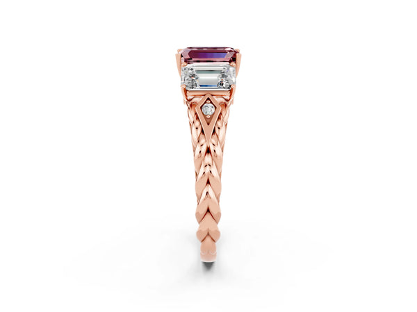 Rose gold Three-Stone Emerald Cut Morganite Braided Band Ring with Four-Prong Setting