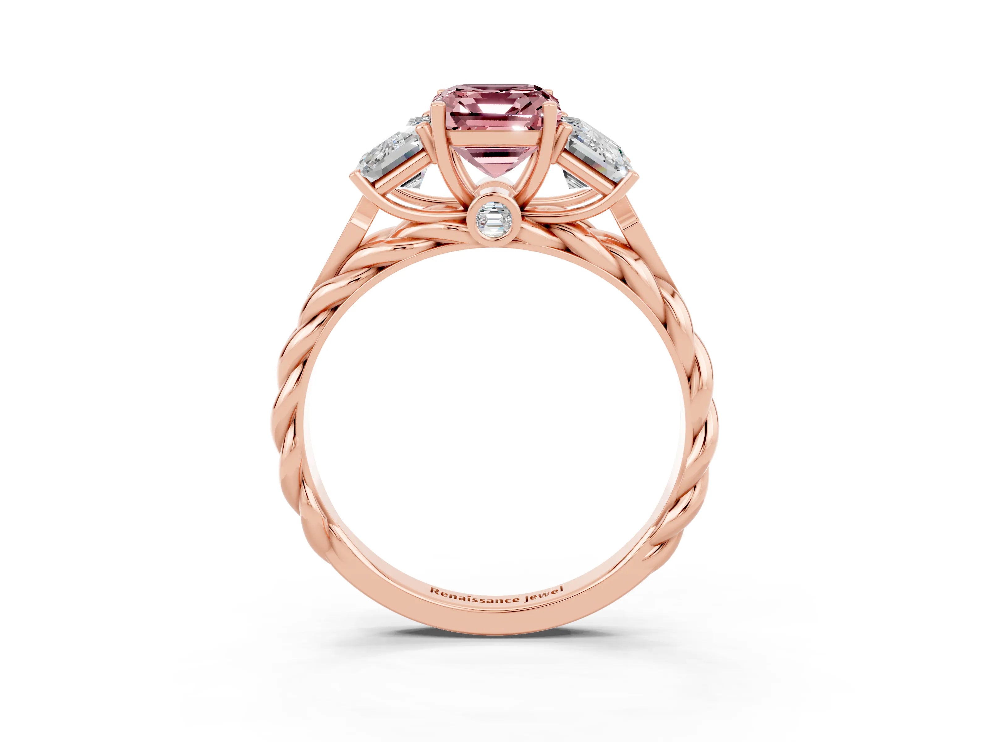 Rose gold Three-Stone Emerald Cut Morganite Braided Band Ring with Four-Prong Setting_39