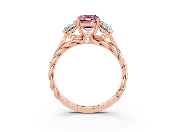 Rose gold Three-Stone Emerald Cut Morganite Braided Band Ring with Four-Prong Setting