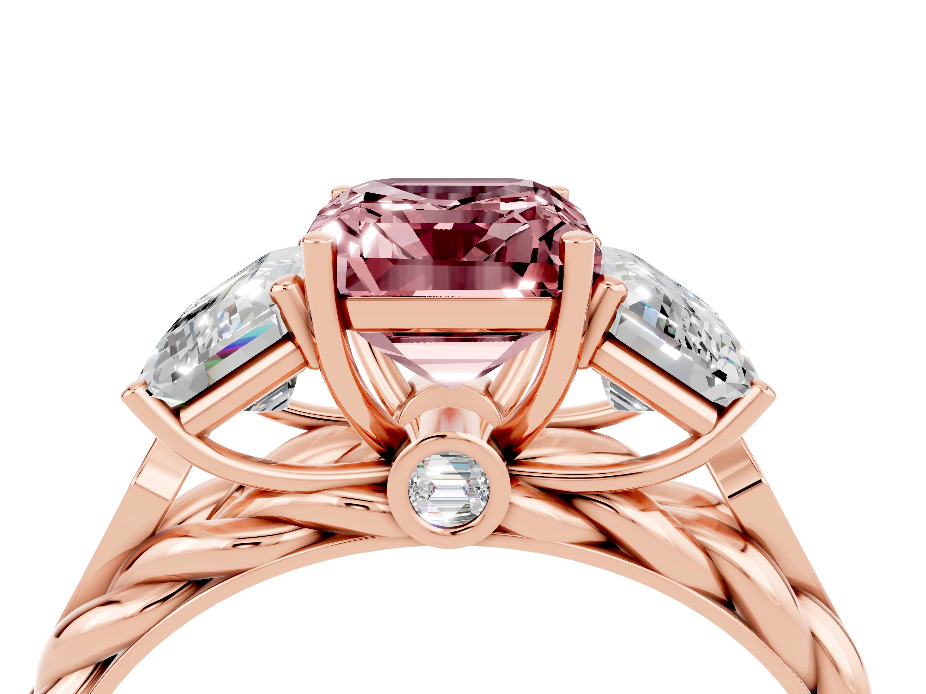 Rose gold Three-Stone Emerald Cut Morganite Braided Band Ring with Four-Prong Setting_40