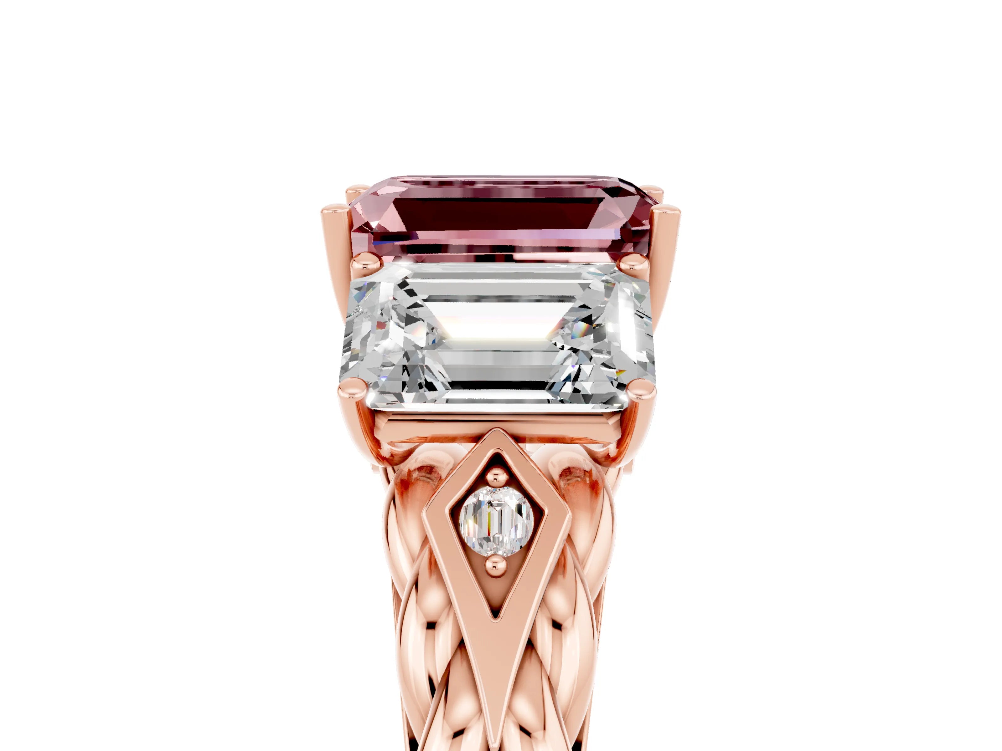 Rose gold Three-Stone Emerald Cut Morganite Braided Band Ring with Four-Prong Setting_41