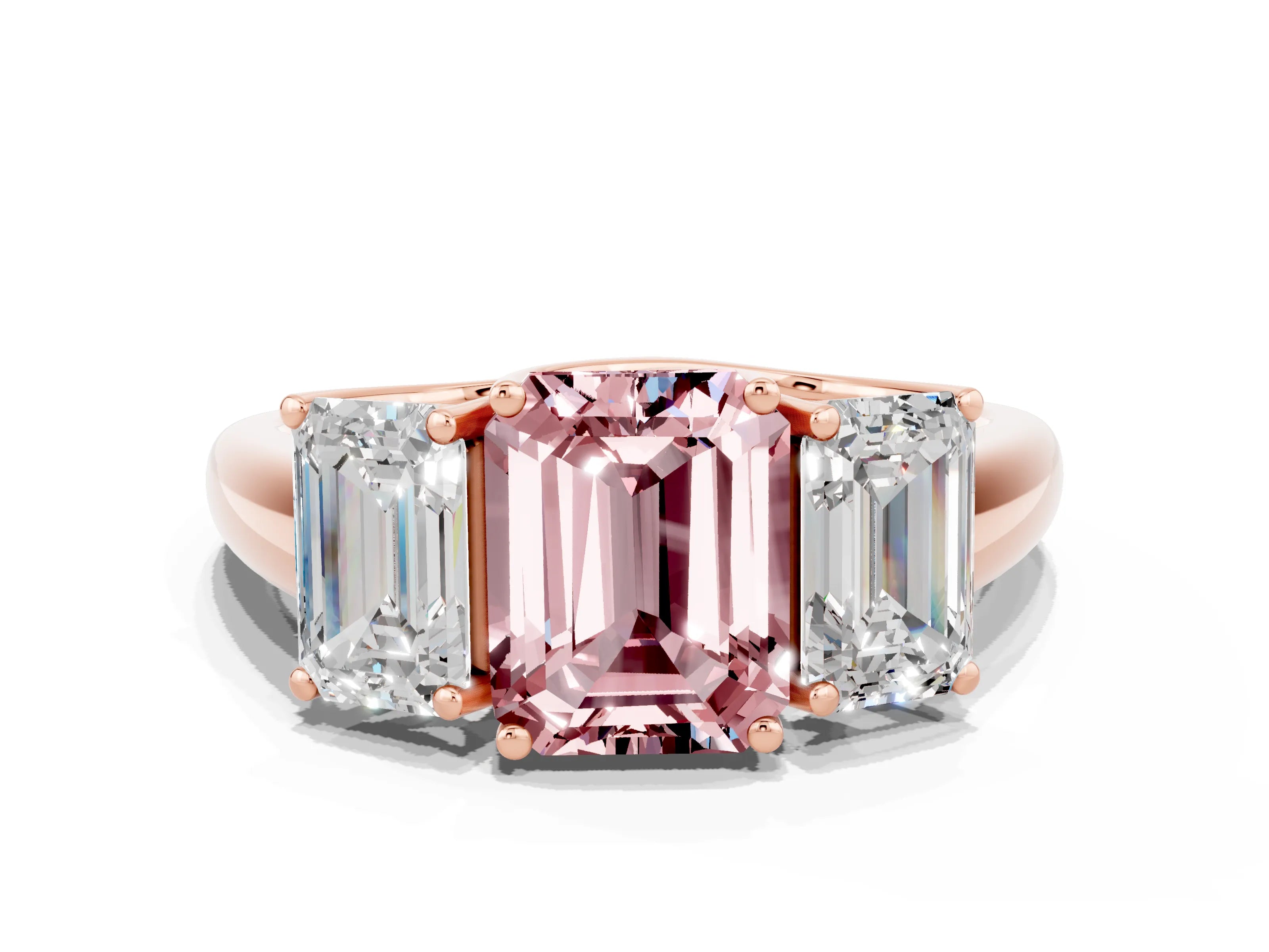 Rose gold Three-Stone Emerald Cut Morganite Engagement Ring with Prong Setting