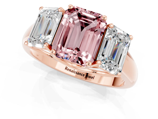 Rose gold Three-Stone Emerald Cut Morganite Engagement Ring with Prong Setting