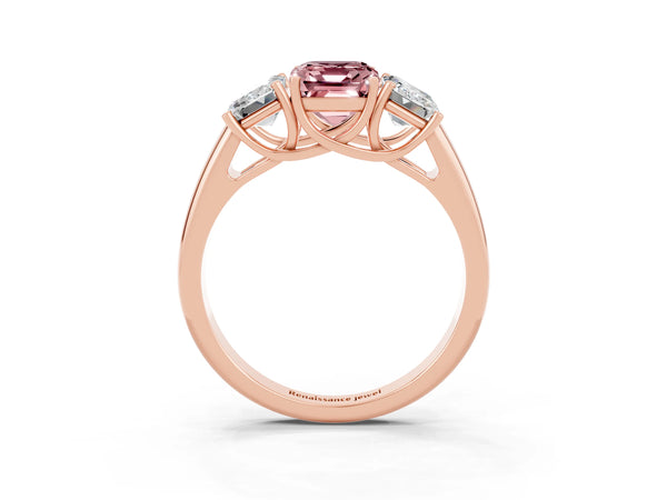 Rose gold Three-Stone Emerald Cut Morganite Engagement Ring with Prong Setting