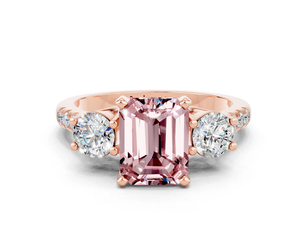 Rose gold Three-Stone Emerald Cut Morganite Pavé Band with Four-Prong Setting