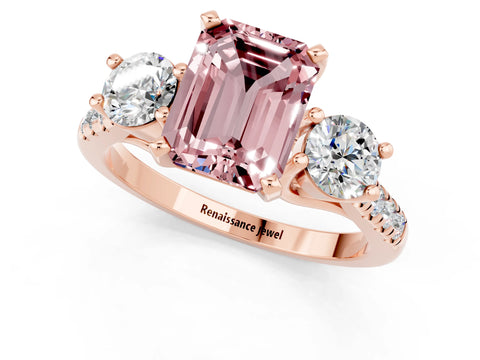 Rose gold Three-Stone Emerald Cut Morganite Pavé Band with Four-Prong Setting_1
