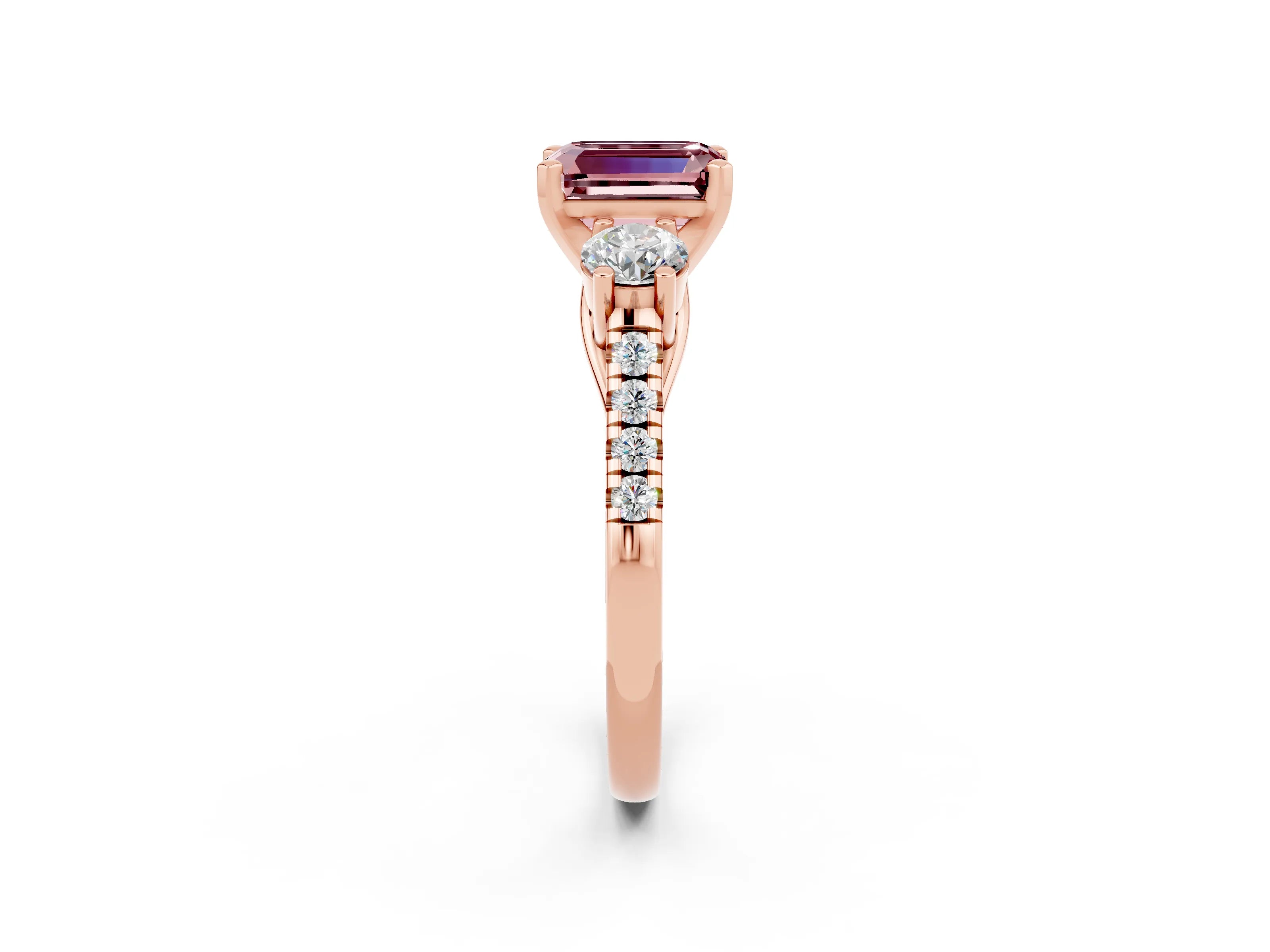 Rose gold Three-Stone Emerald Cut Morganite Pavé Band with Four-Prong Setting_2