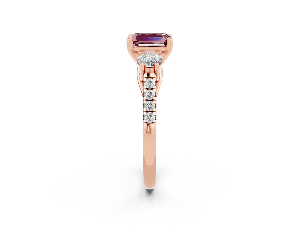 Rose gold Three-Stone Emerald Cut Morganite Pavé Band with Four-Prong Setting