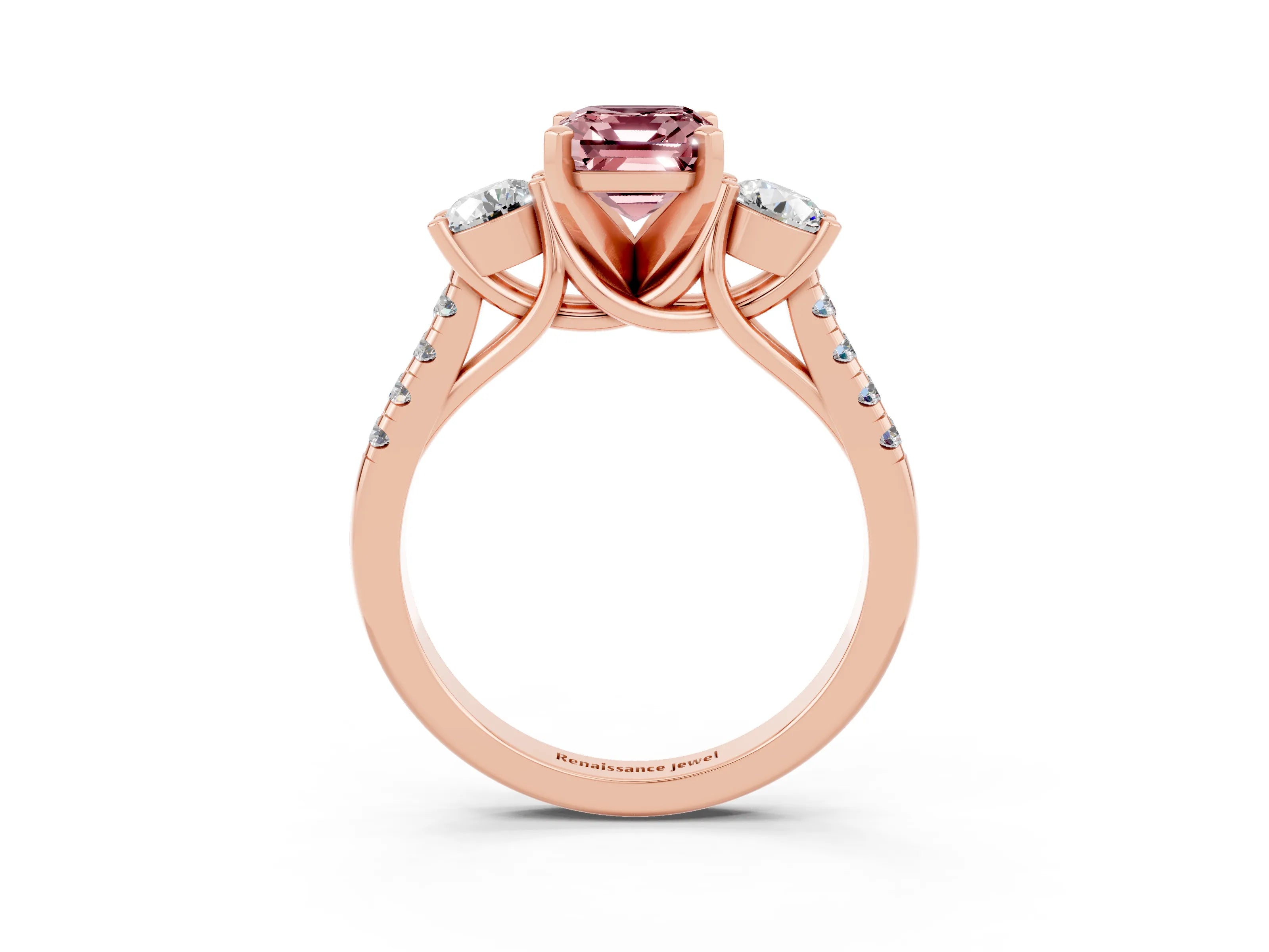 Rose gold Three-Stone Emerald Cut Morganite Pavé Band with Four-Prong Setting_3