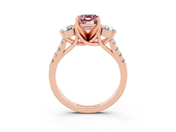 Rose gold Three-Stone Emerald Cut Morganite Pavé Band with Four-Prong Setting