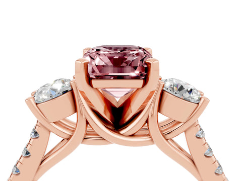 Rose gold Three-Stone Emerald Cut Morganite Pavé Band with Four-Prong Setting_4