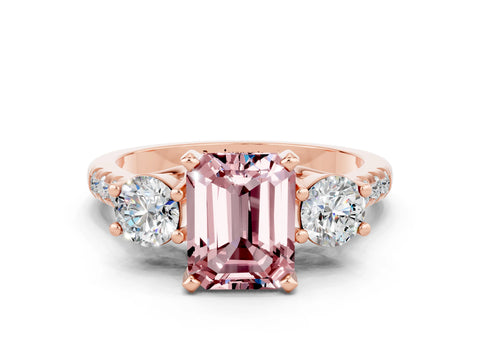 Rose gold Three-Stone Emerald Cut Morganite Pavé Band with Four-Prong Setting