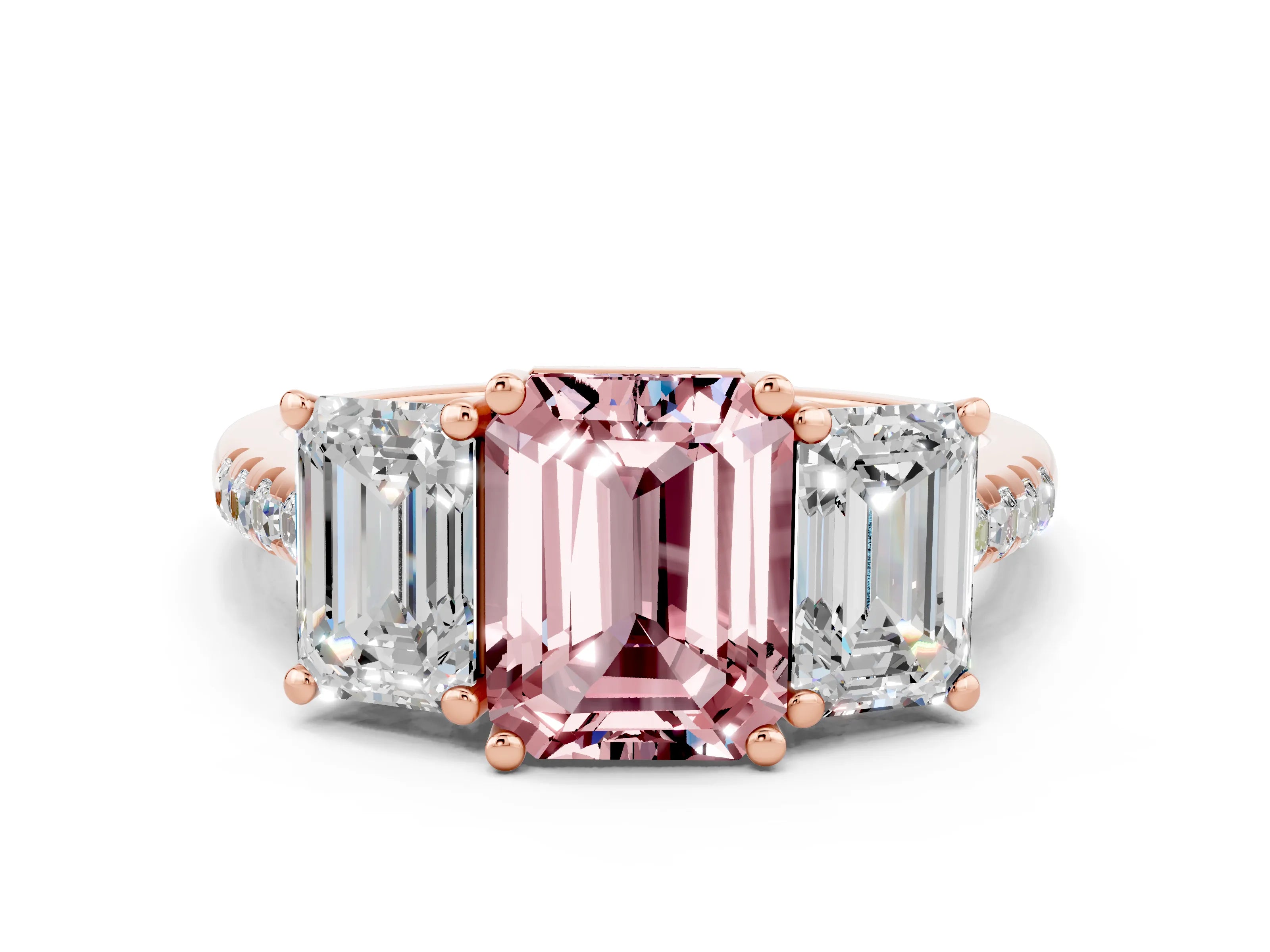 Rose gold Three-Stone Emerald Cut Morganite Ring with Pavé Band and Prong Setting_12