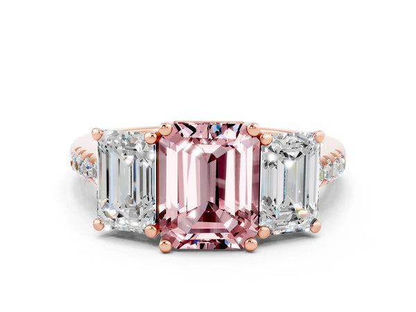 Rose gold Three-Stone Emerald Cut Morganite Ring with Round  Pavé Band and Prong Setting