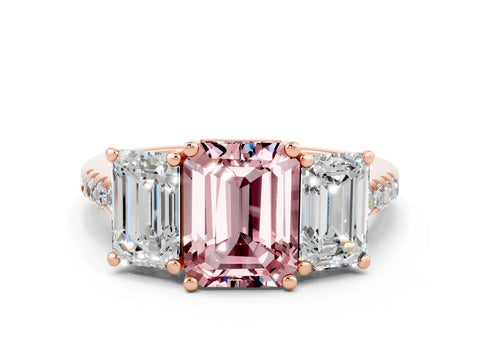 Rose gold Three-Stone Emerald Cut Morganite Ring with Pavé Band and Prong Setting_12