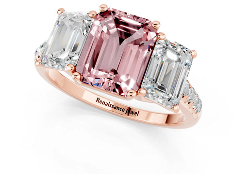 Rose gold Three-Stone Emerald Cut Morganite Ring with Pavé Band and Prong Setting_13