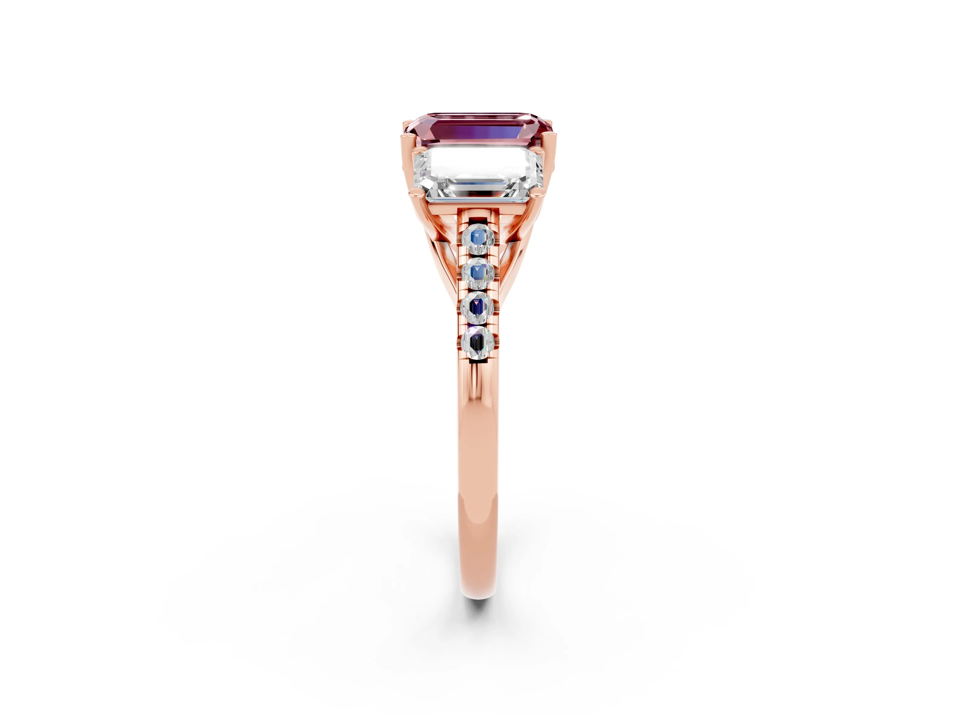 Rose gold Three-Stone Emerald Cut Morganite Ring with Pavé Band and Prong Setting_14