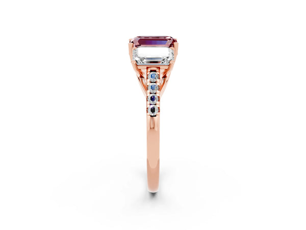 Rose gold Three-Stone Emerald Cut Morganite Ring with Round  Pavé Band and Prong Setting