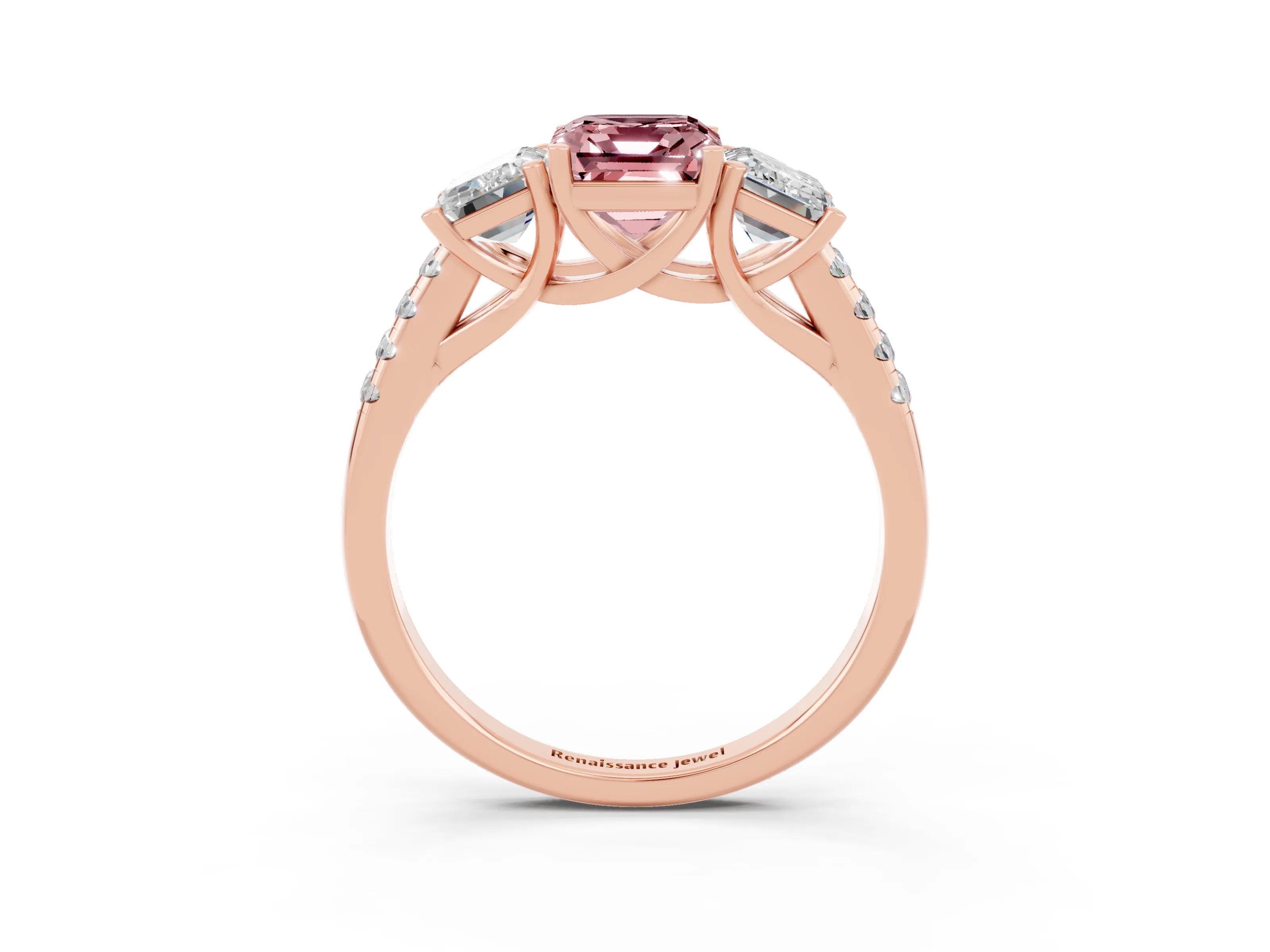 Rose gold Three-Stone Emerald Cut Morganite Ring with Pavé Band and Prong Setting_15