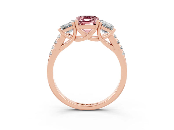 Rose gold Three-Stone Emerald Cut Morganite Ring with Round  Pavé Band and Prong Setting