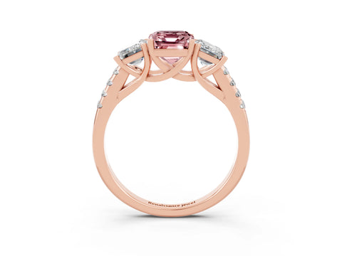 Rose gold Three-Stone Emerald Cut Morganite Ring with Pavé Band and Prong Setting_15