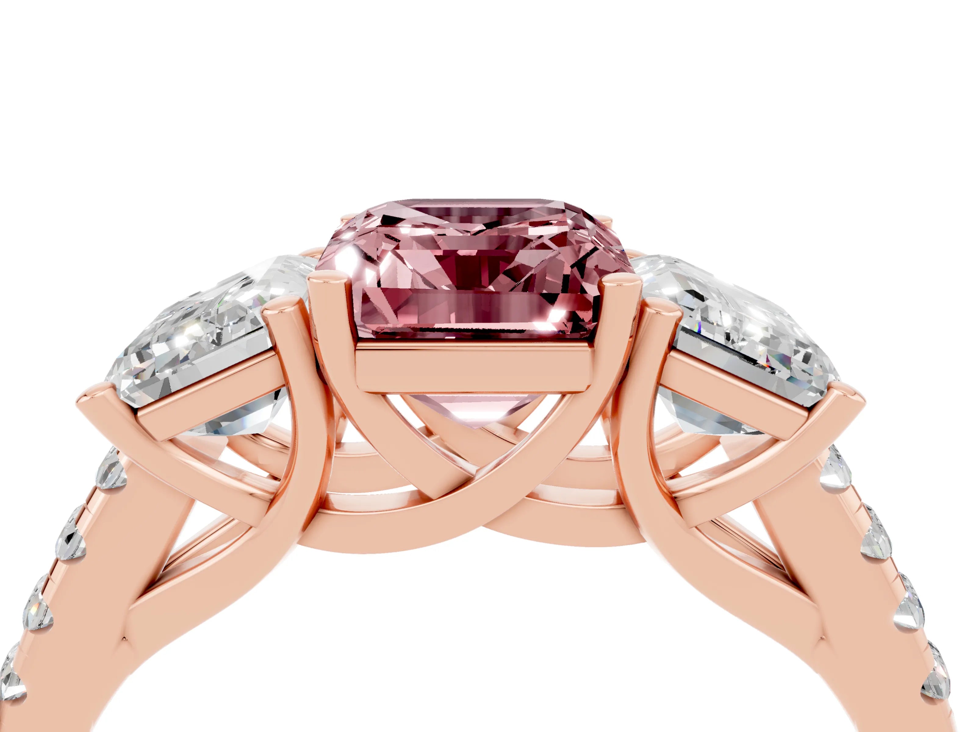 Rose gold Three-Stone Emerald Cut Morganite Ring with Pavé Band and Prong Setting_16