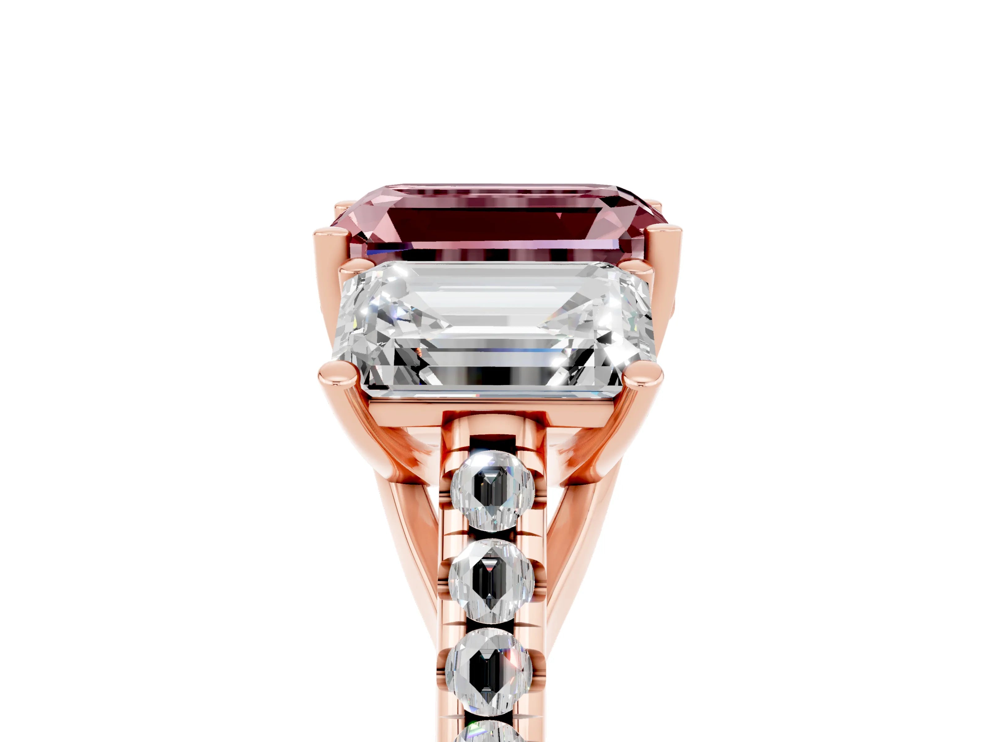 Rose gold Three-Stone Emerald Cut Morganite Ring with Pavé Band and Prong Setting_17