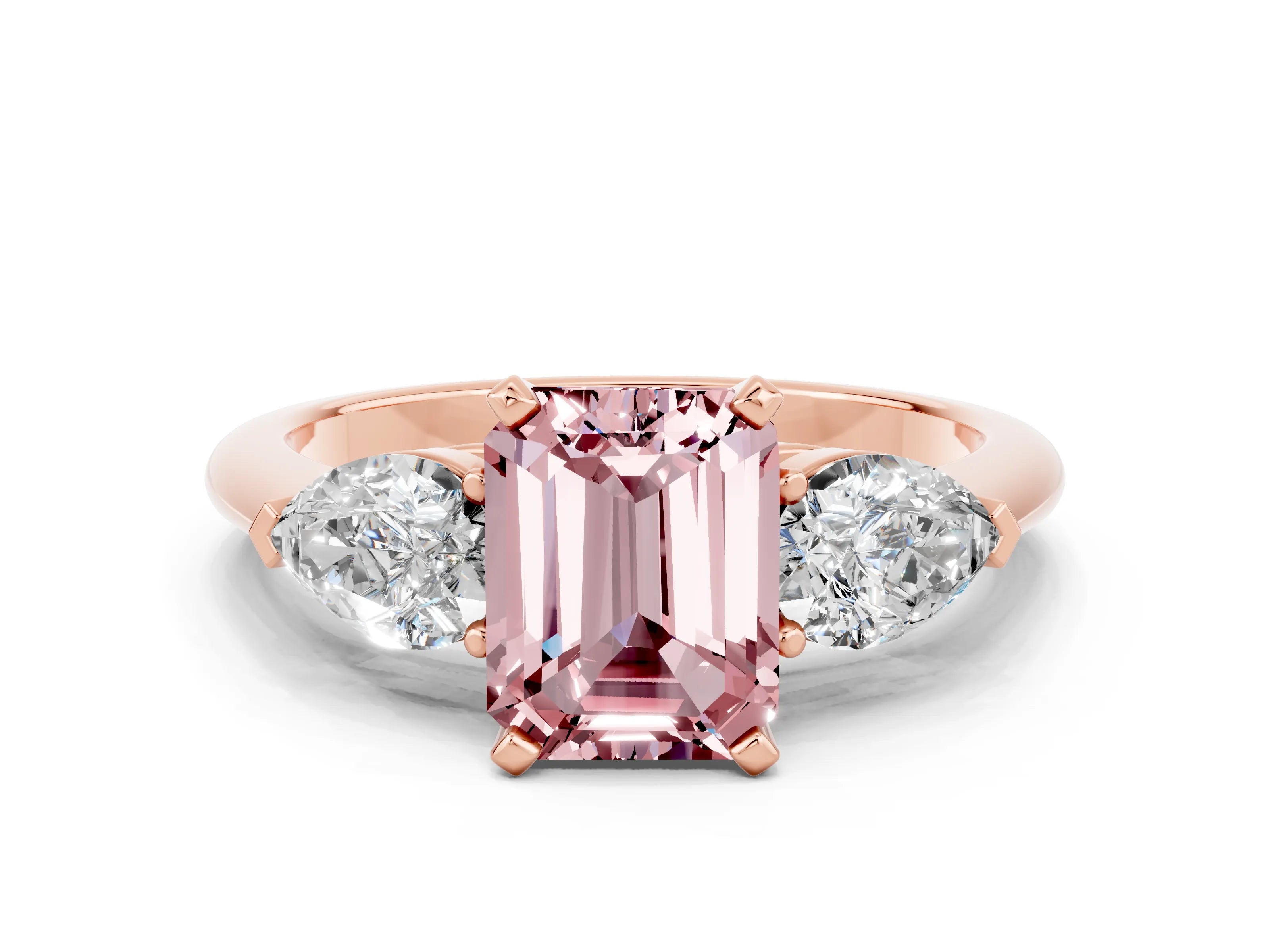 Rose gold Three-Stone Emerald Cut Morganite Ring with Pear Side Stones and Four-Prong Setting