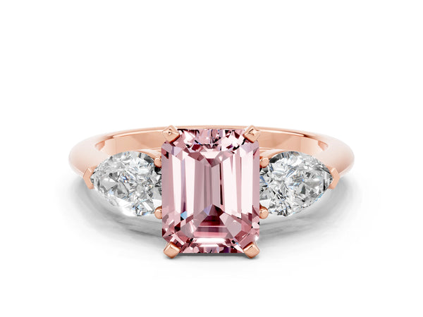 Rose gold Three-Stone Emerald Cut Morganite Ring with Pear Side Stones and Four-Prong Setting