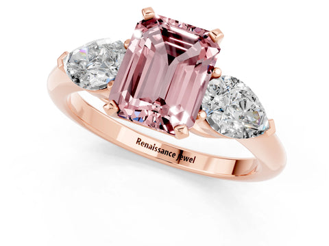 Rose gold Three-Stone Emerald Cut Morganite Ring with Pear Side Stones and Four-Prong Setting_1