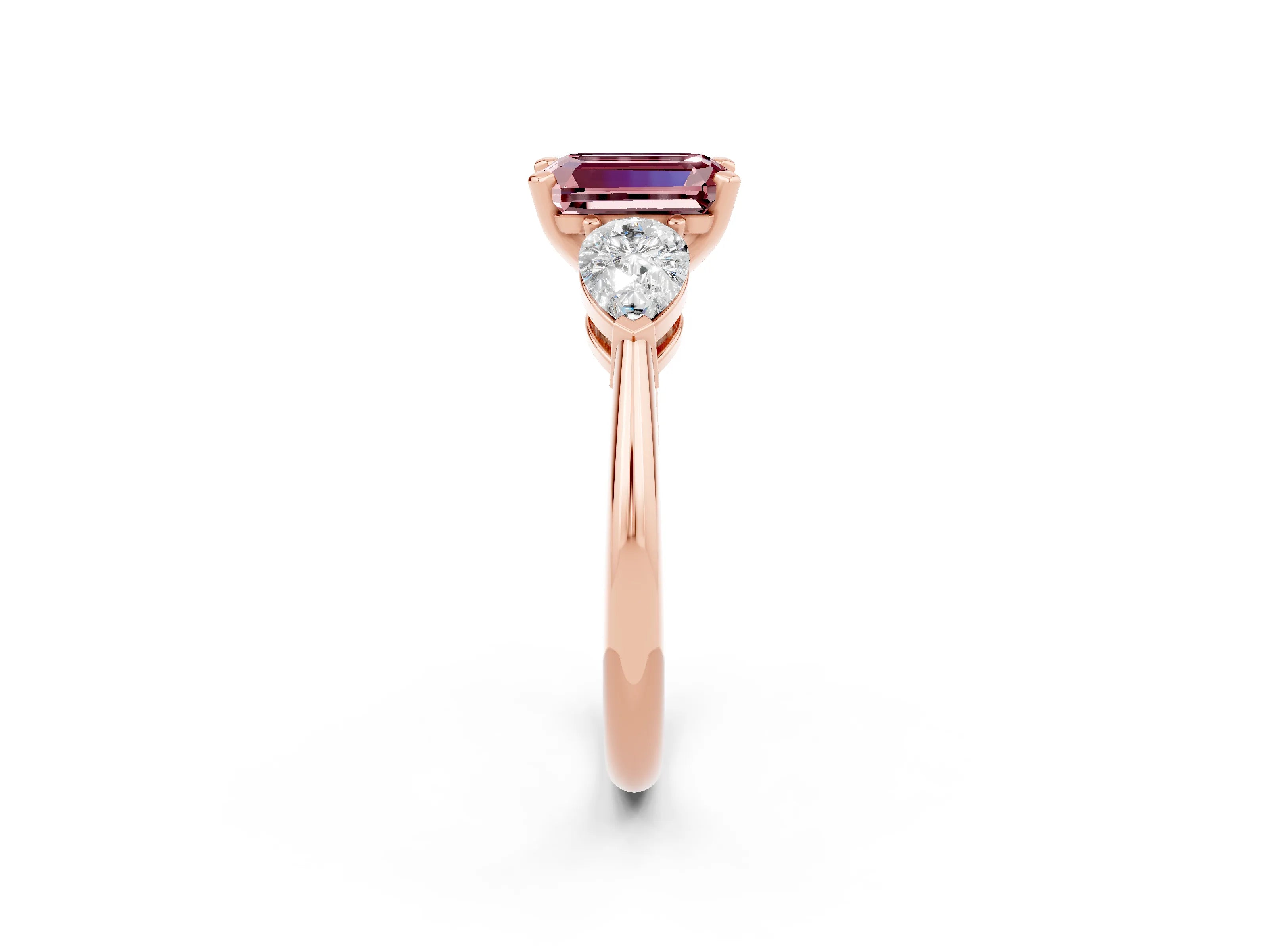 Rose gold Three-Stone Emerald Cut Morganite Ring with Pear Side Stones and Four-Prong Setting_2
