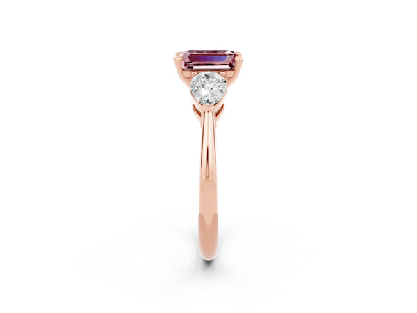 Rose gold Three-Stone Emerald Cut Morganite Ring with Pear Side Stones and Four-Prong Setting
