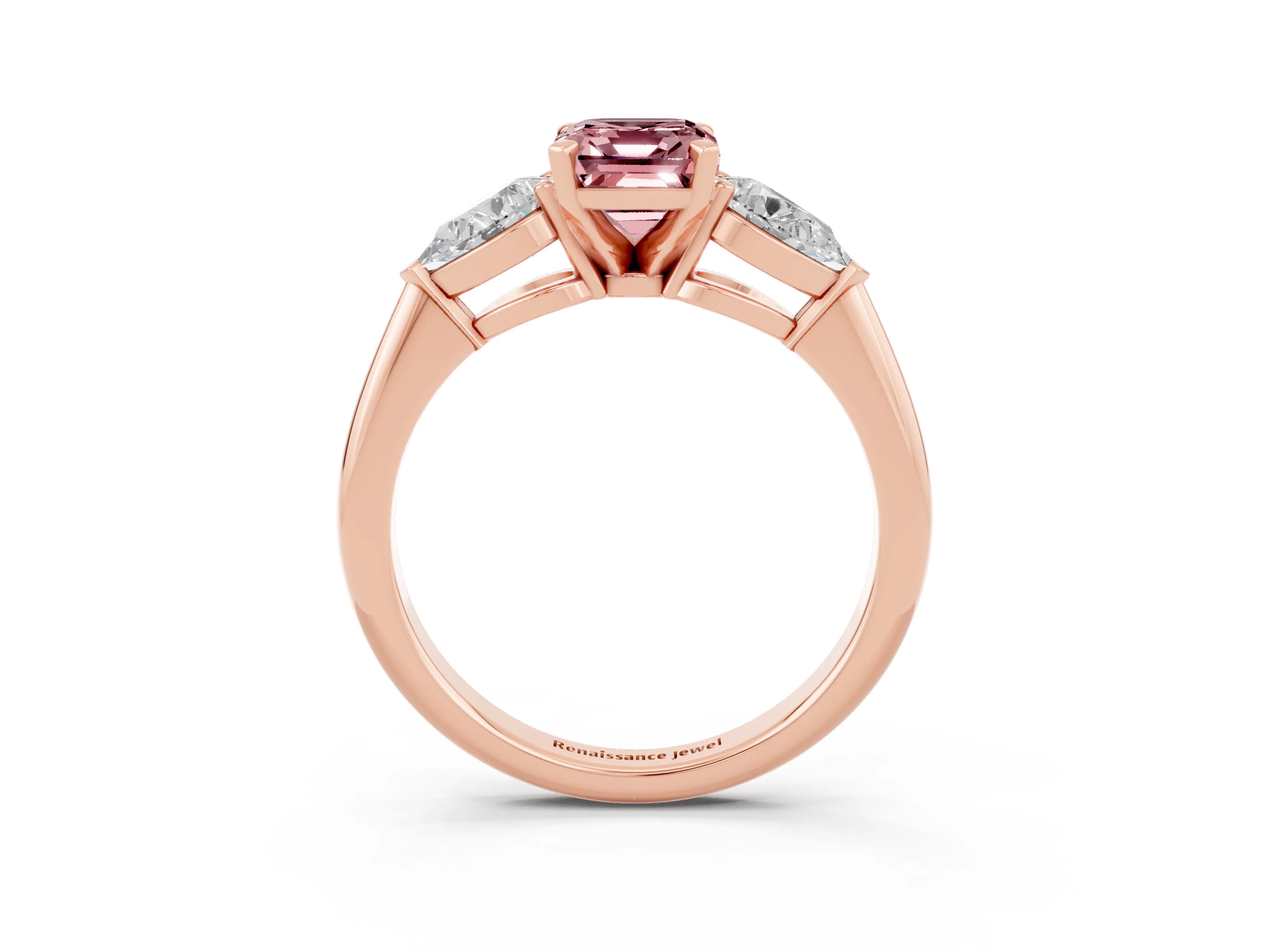 Rose gold Three-Stone Emerald Cut Morganite Ring with Pear Side Stones and Four-Prong Setting_3