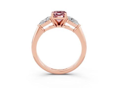 Rose gold Three-Stone Emerald Cut Morganite Ring with Pear Side Stones and Four-Prong Setting_3