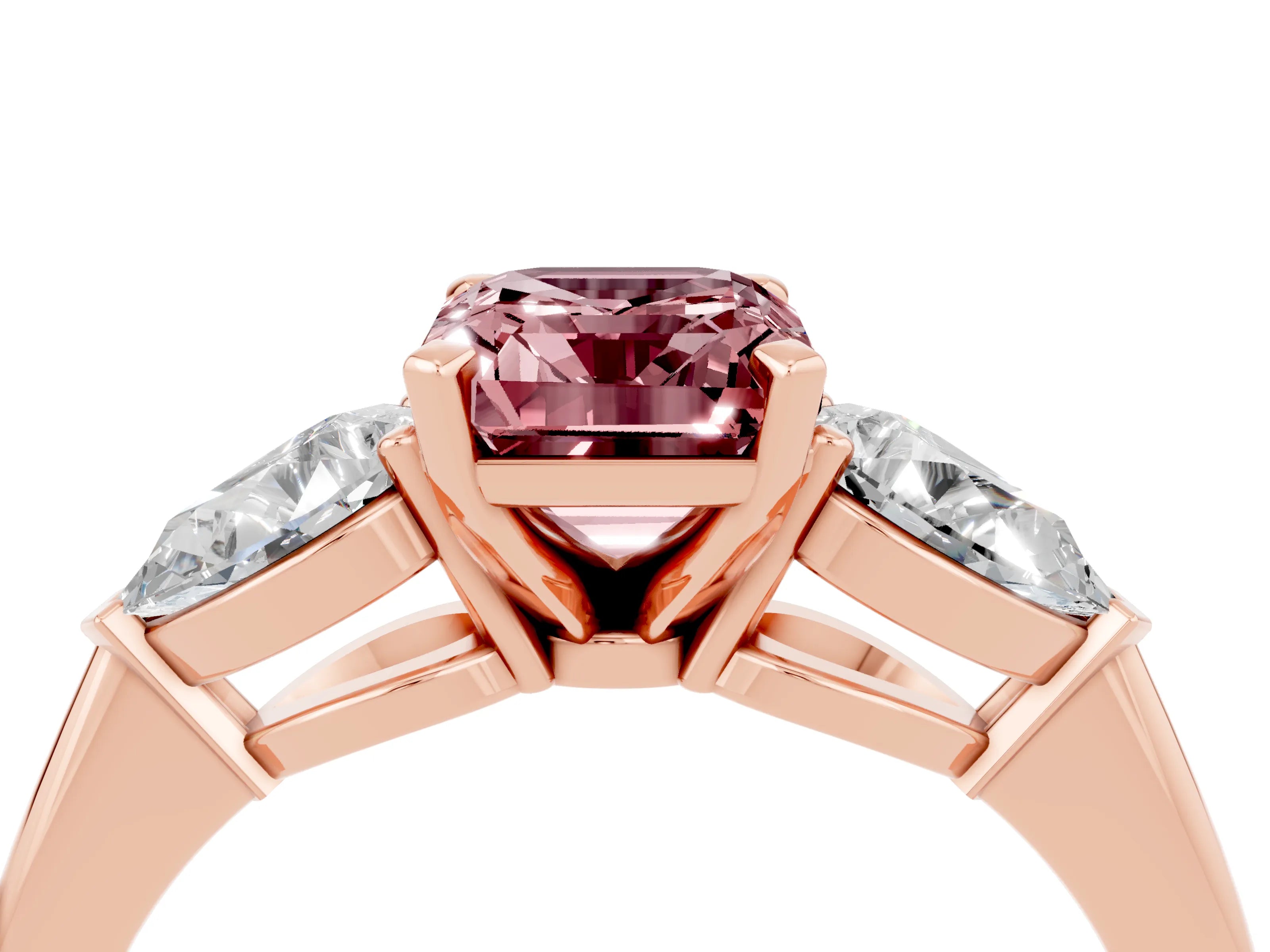 Rose gold Three-Stone Emerald Cut Morganite Ring with Pear Side Stones and Four-Prong Setting_4