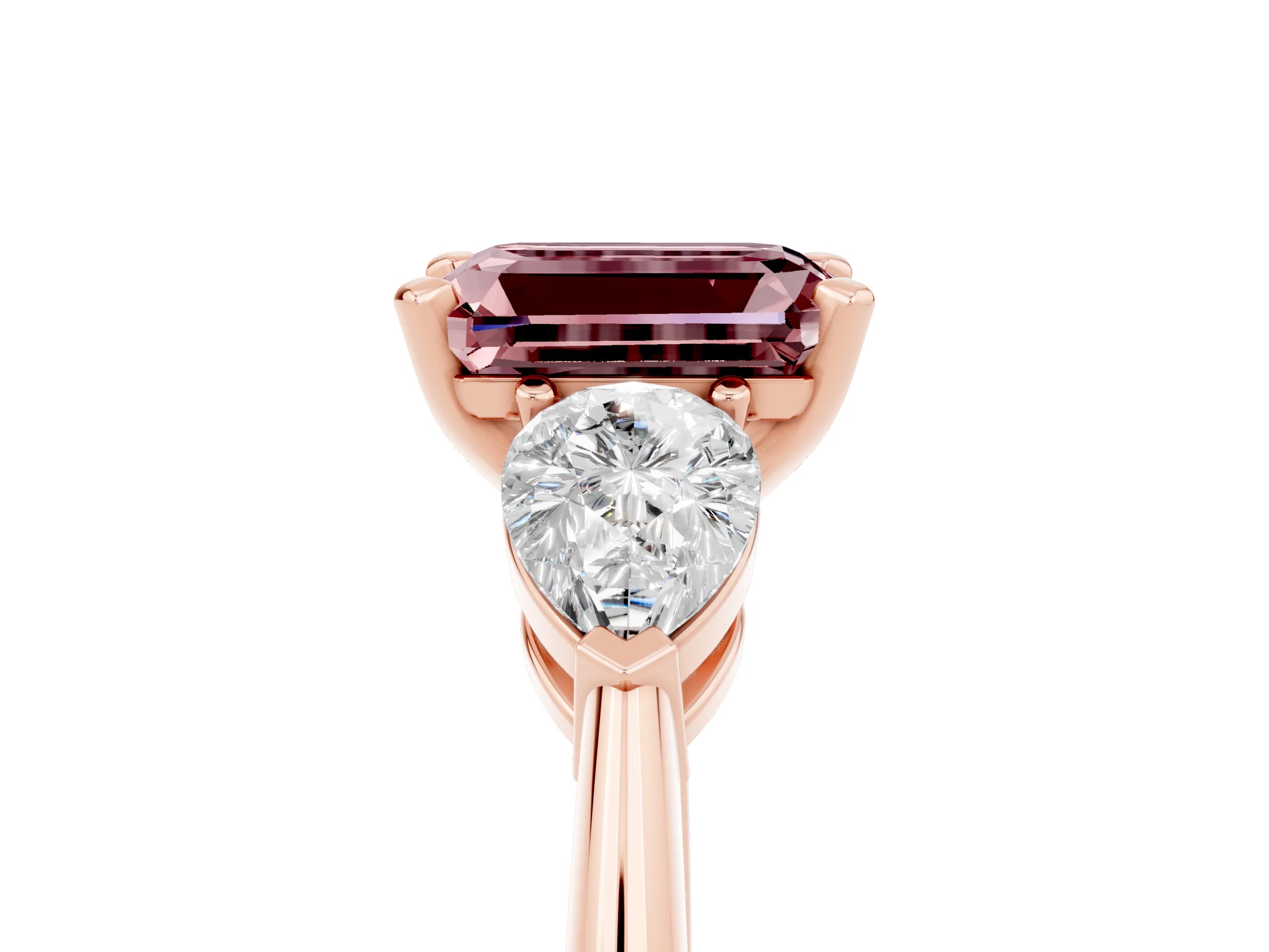 Rose gold Three-Stone Emerald Cut Morganite Ring with Pear Side Stones and Four-Prong Setting_5