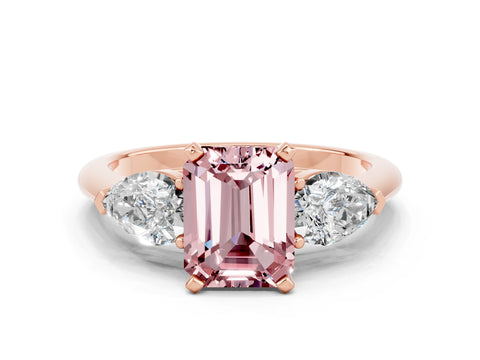 Rose gold Three-Stone Emerald Cut Morganite Ring with Pear Side Stones and Four-Prong Setting