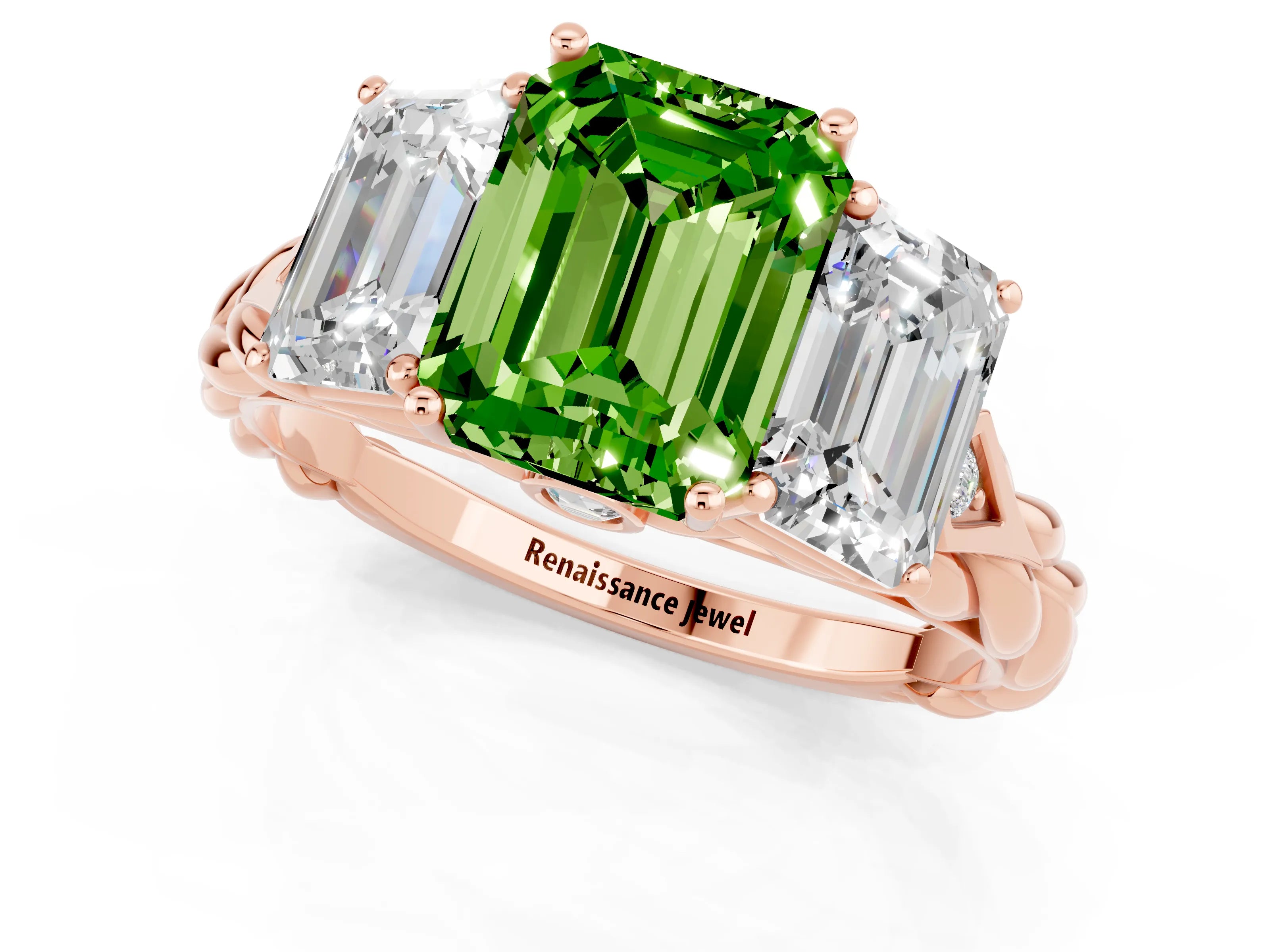 Rose gold Three-Stone Emerald Cut Peridot Braided Band Ring with Four-Prong Setting_37