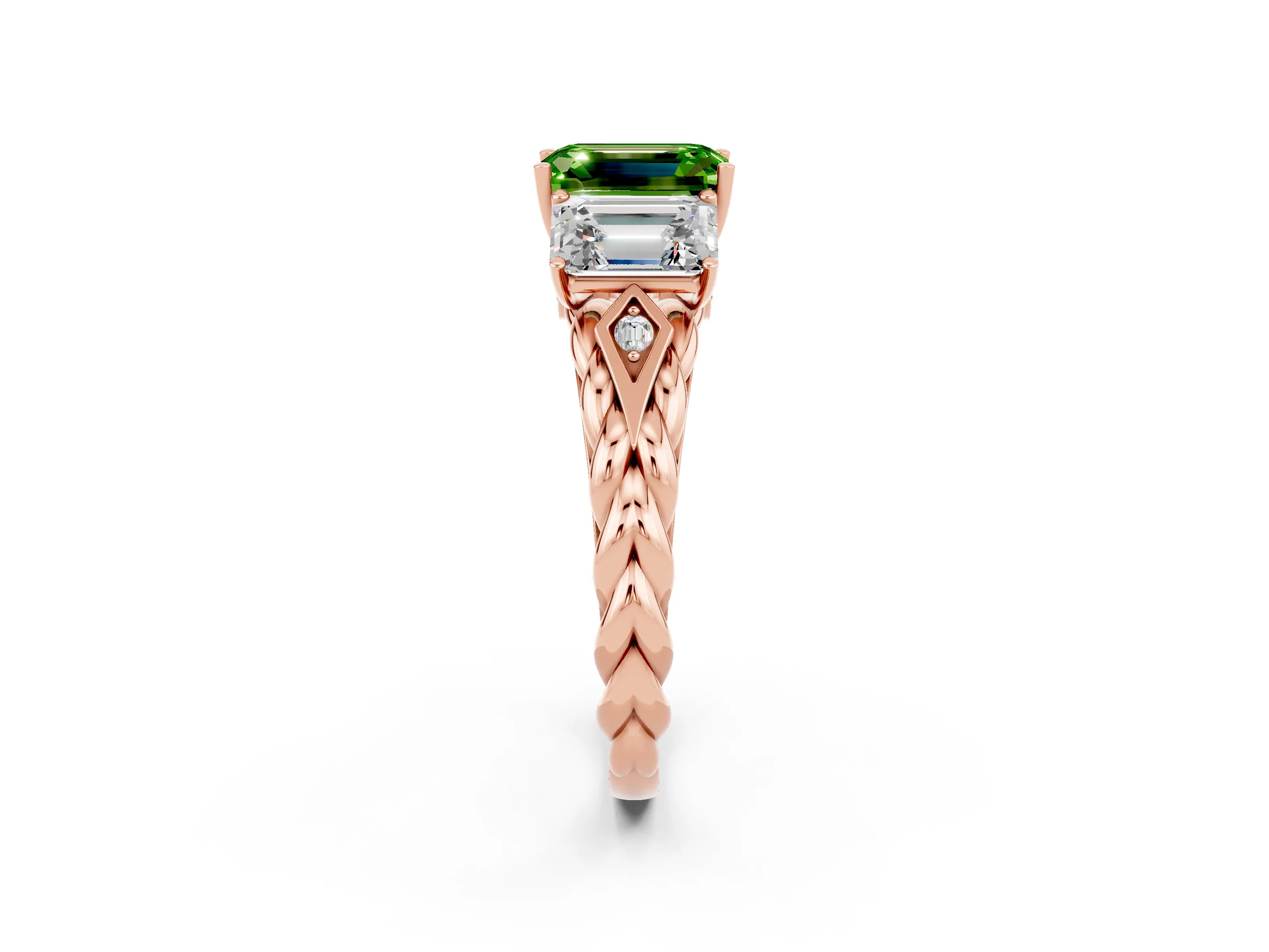 Rose gold Three-Stone Emerald Cut Peridot Braided Band Ring with Four-Prong Setting_38