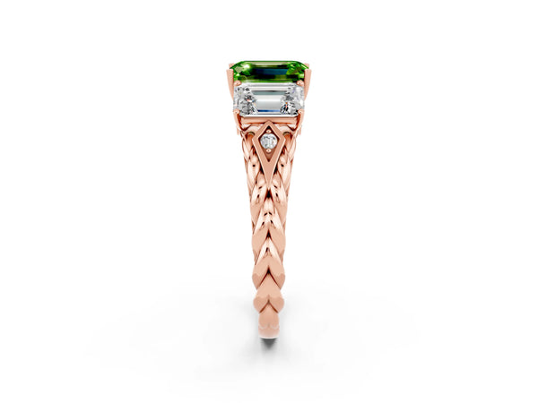 Rose gold Three-Stone Emerald Cut Peridot Braided Band Ring with Four-Prong Setting