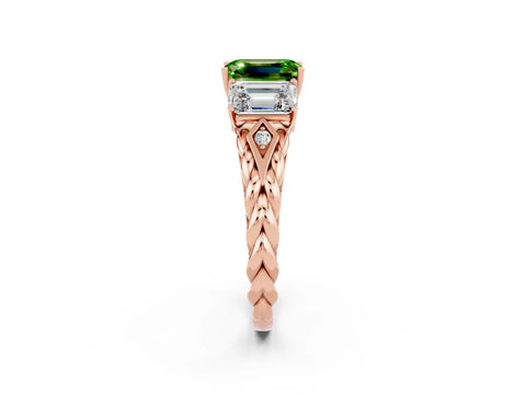 Rose gold Three-Stone Emerald Cut Peridot Braided Band Ring with Four-Prong Setting_38