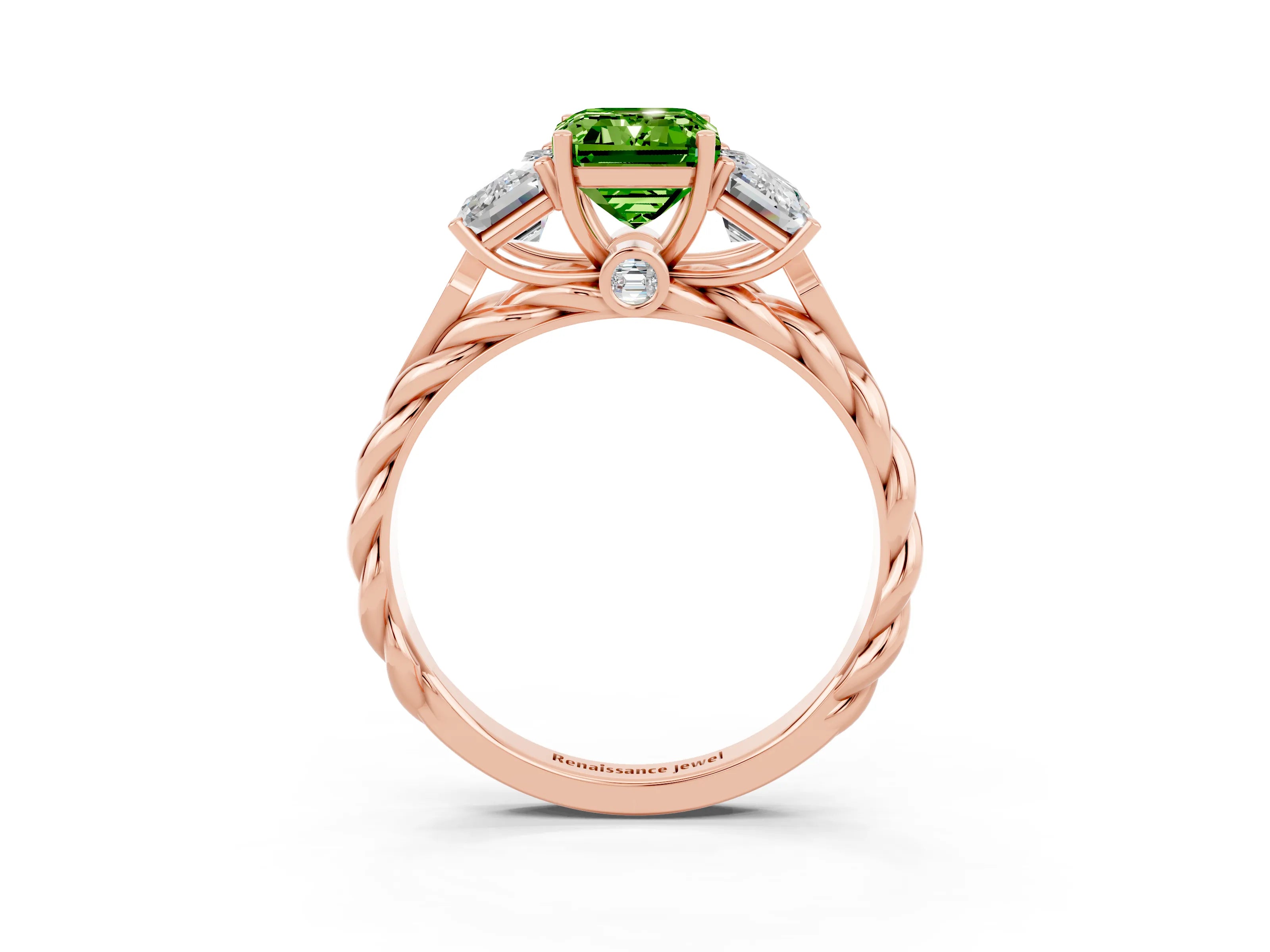 Rose gold Three-Stone Emerald Cut Peridot Braided Band Ring with Four-Prong Setting_39