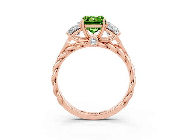 Rose gold Three-Stone Emerald Cut Peridot Braided Band Ring with Four-Prong Setting