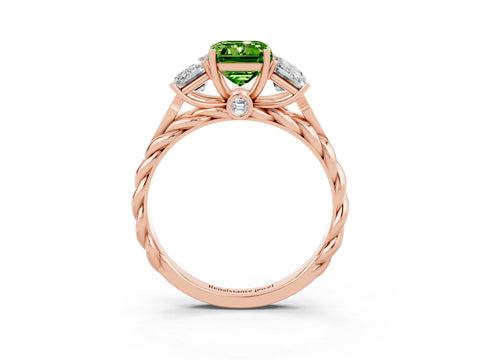 Rose gold Three-Stone Emerald Cut Peridot Braided Band Ring with Four-Prong Setting_39