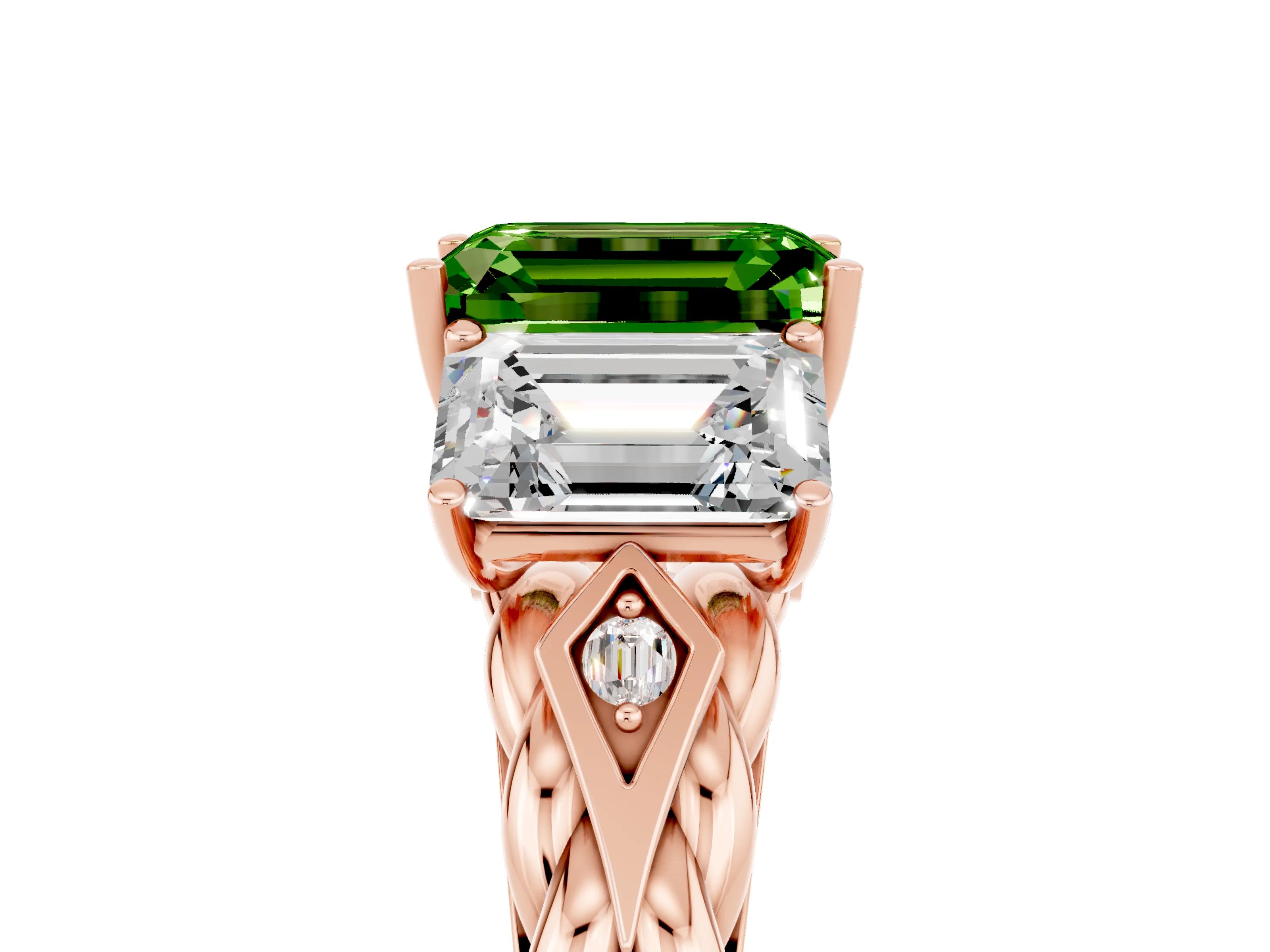 Rose gold Three-Stone Emerald Cut Peridot Braided Band Ring with Four-Prong Setting_41